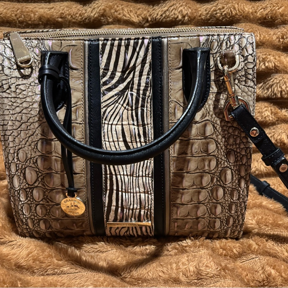 Brahmin Tan and Black Textured Satchel with Zebra Print